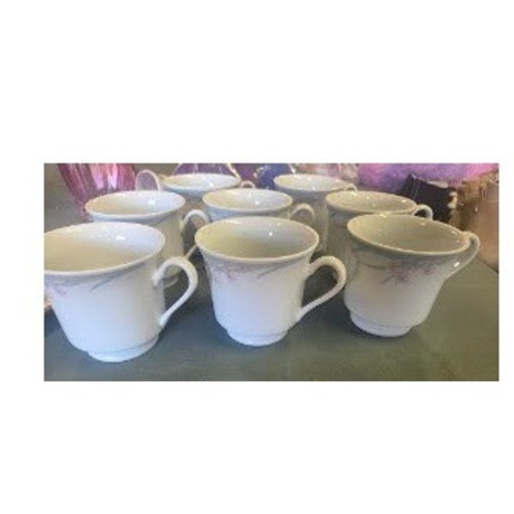 Set of 8 Porcelain Coffee Tea Cups White with Pink Floral Cherry Blossom Design